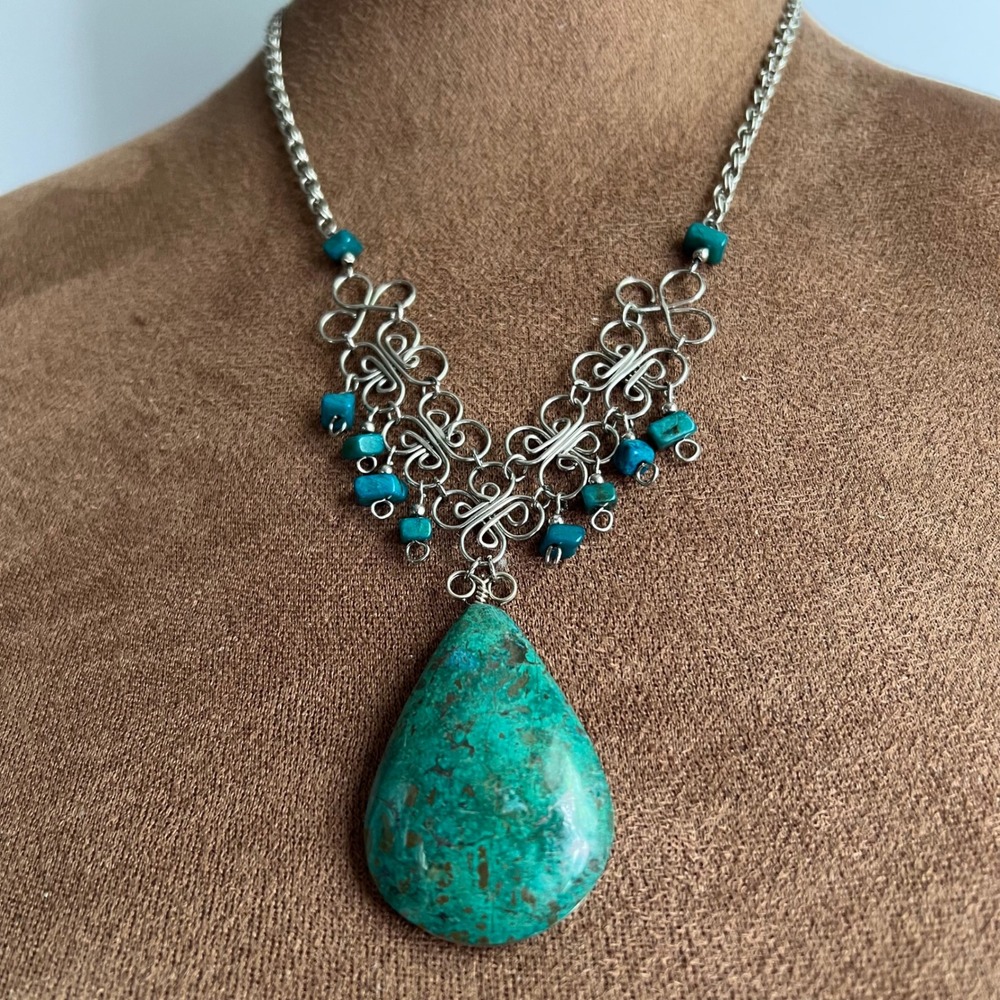 Vtg Faux Turquoise Filigree Silver Tone Necklace 18" Southwestern Cottagecore